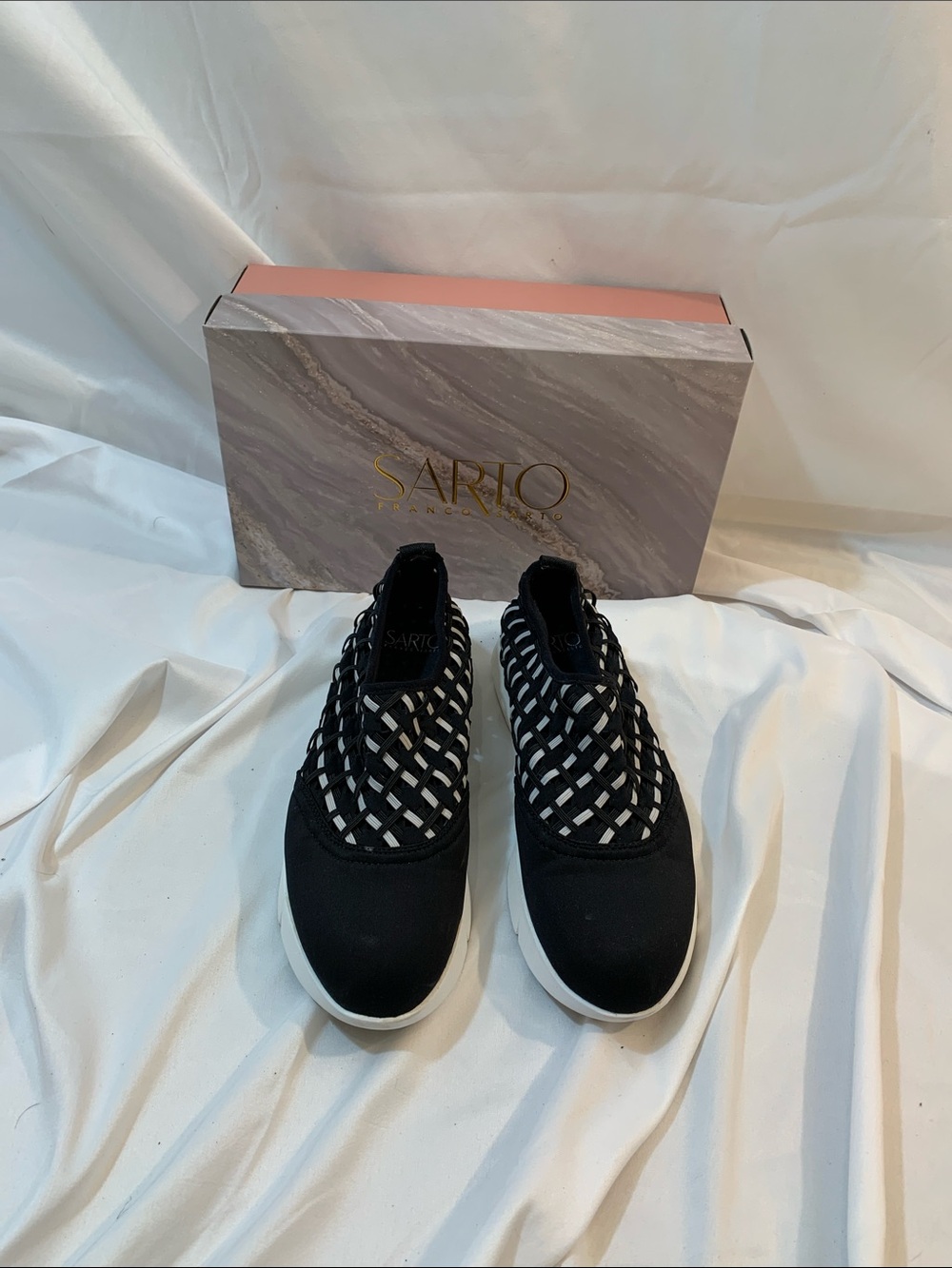 Franco Sarto Black Woven Slip-On Sneakers with White Outsole